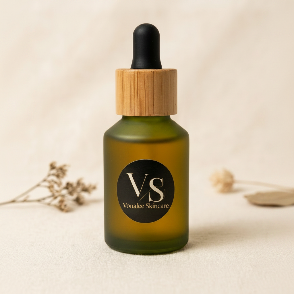 Vonalee Skincare Frankincense Replenishing Face Oil in frosted green glass dropper bottle